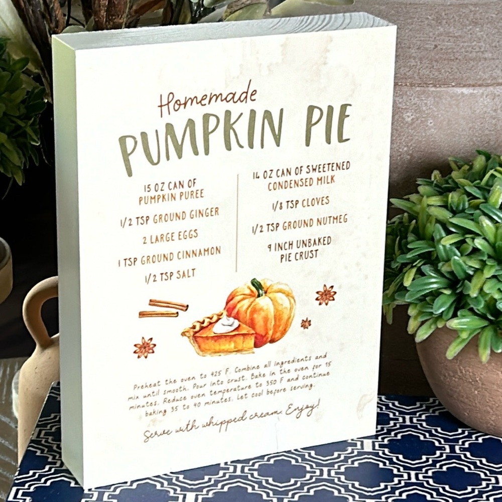 NEW! Fall Harvest Farmhouse Autumn Pumpkin Spice Pie Recipe Wood Sign